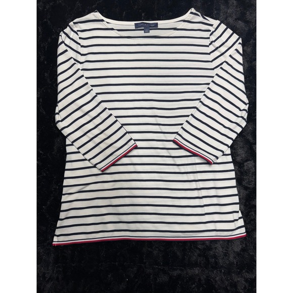 Tommy Hilfiger Tops - Tommy Hilfiger Womens Large Striped Boat Neck Top 3/4 Sleeve Gold Buttons Navy